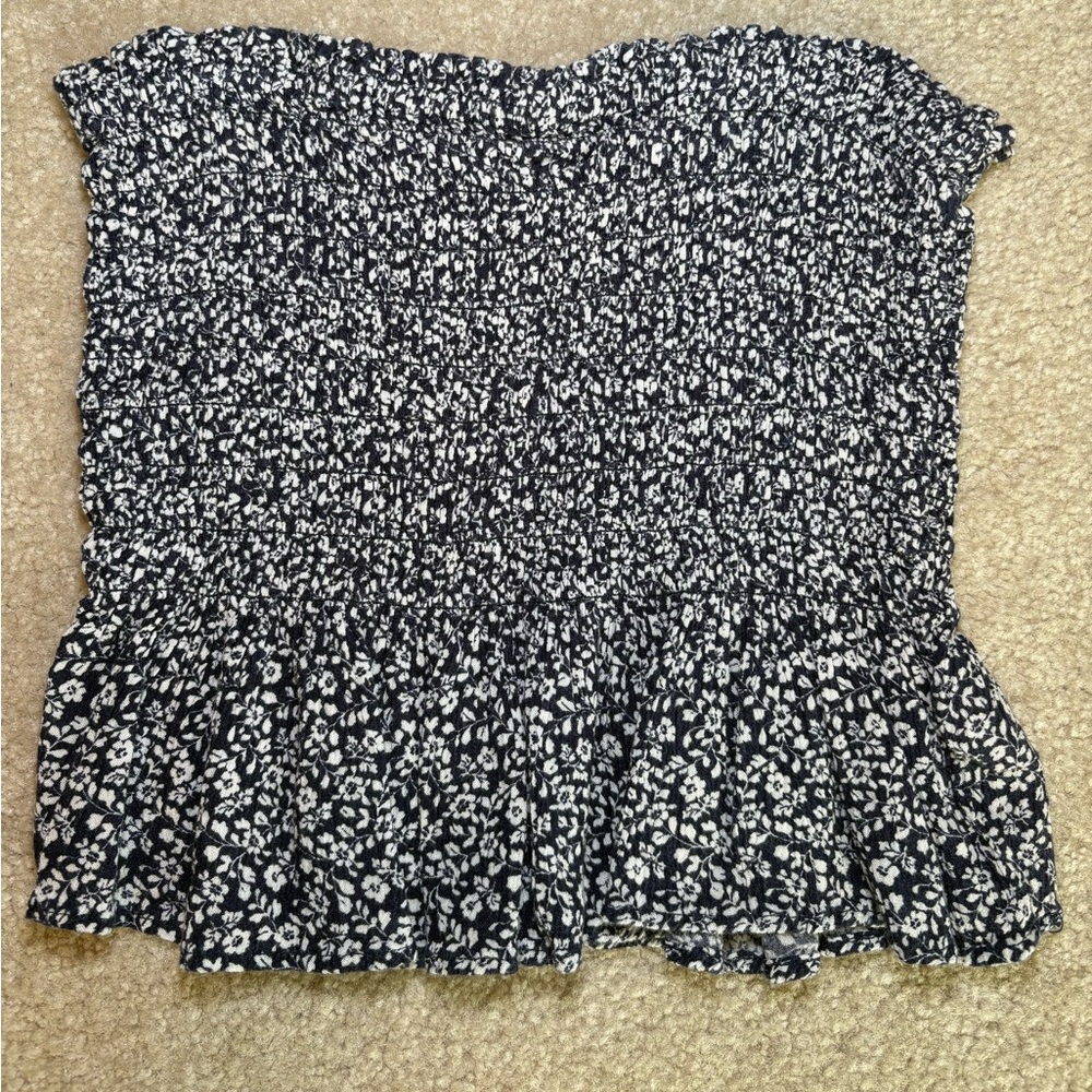 American Eagle Outfitters Navy and‎ White Smocked Ruffled Top